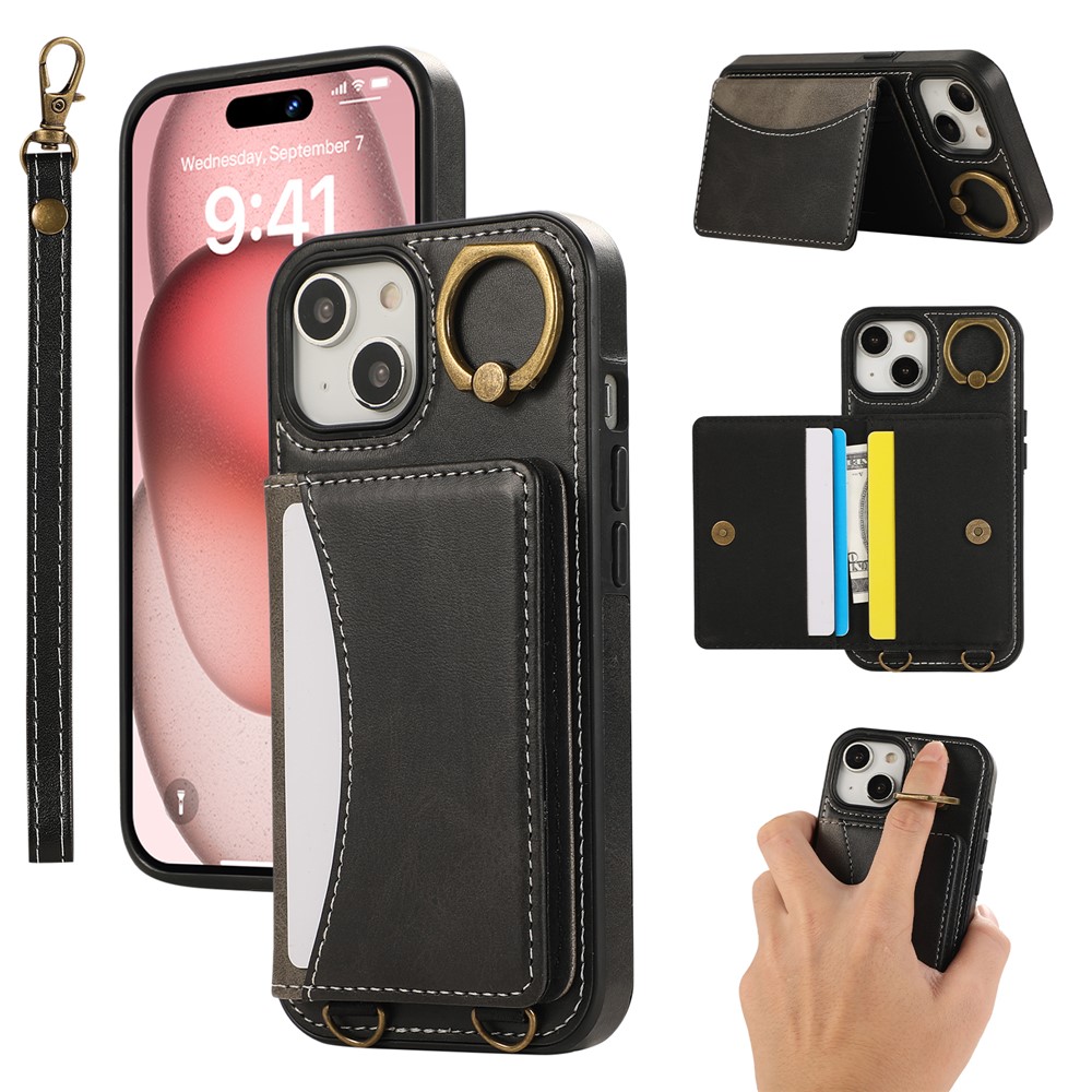 For iPhone 14 PU Leather Back Case Card Holder Kickstand Phone Cover with Wrist Strap - Black