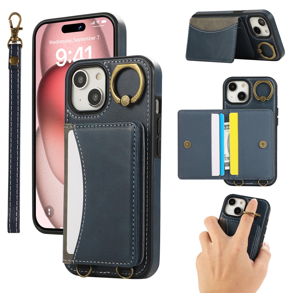 For iPhone 14 PU Leather Back Case Card Holder Kickstand Phone Cover with Wrist Strap - Blue