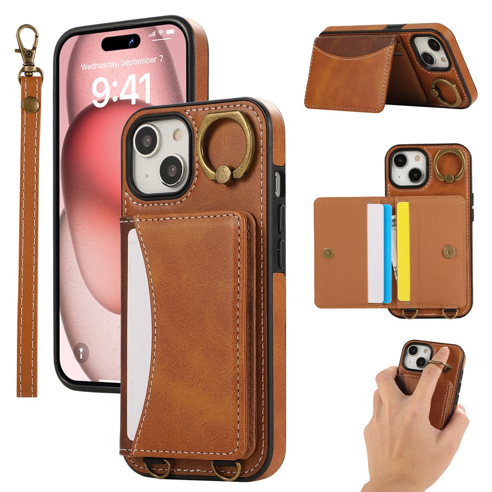 For iPhone 14 PU Leather Back Case Card Holder Kickstand Phone Cover with Wrist Strap - Brown