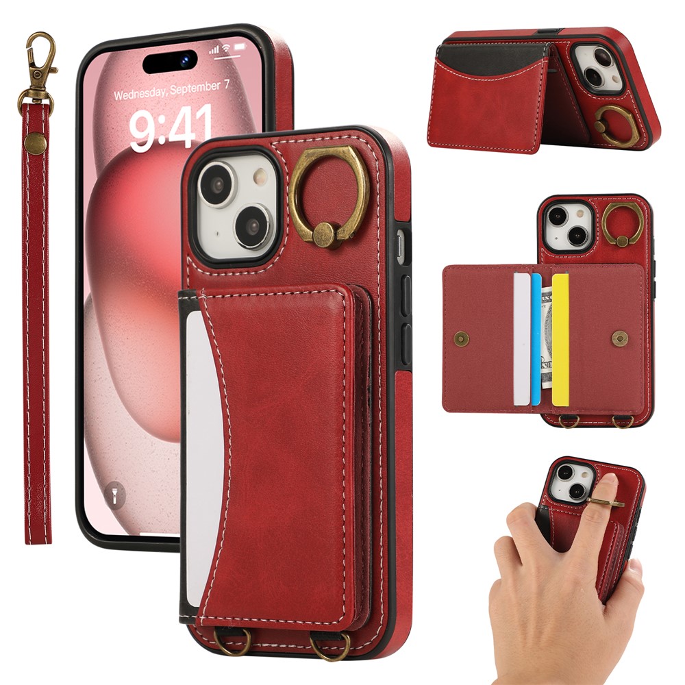 For iPhone 15 PU Leather Back Case Card Holder Kickstand Phone Cover with Wrist Strap - Red