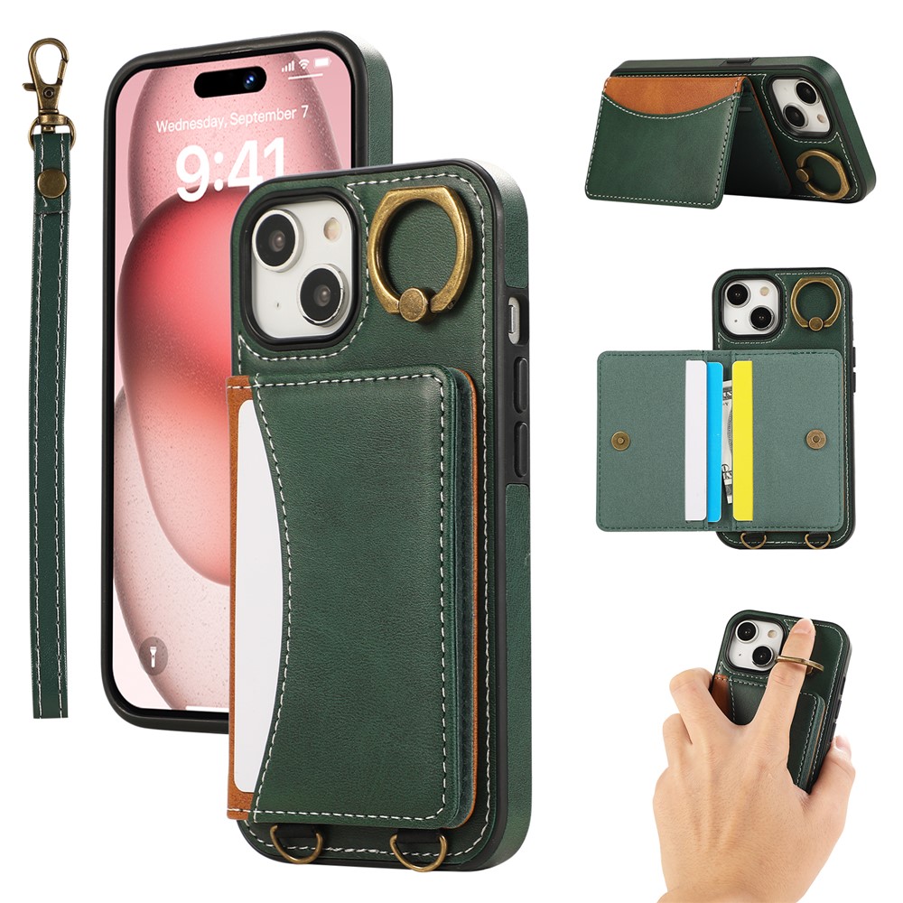 For iPhone 15 PU Leather Back Case Card Holder Kickstand Phone Cover with Wrist Strap - Green