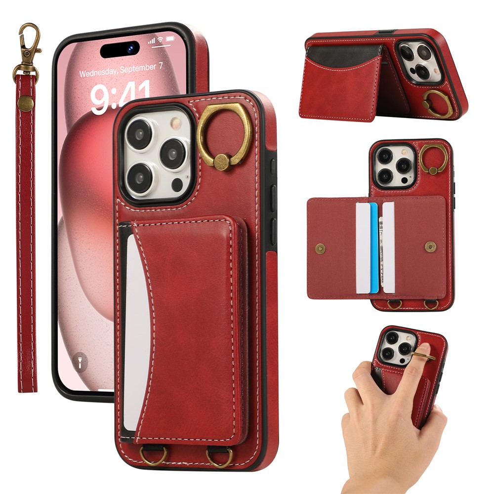 For iPhone 14 Pro Max PU Leather Back Case Card Holder Kickstand Phone Cover with Wrist Strap - Red