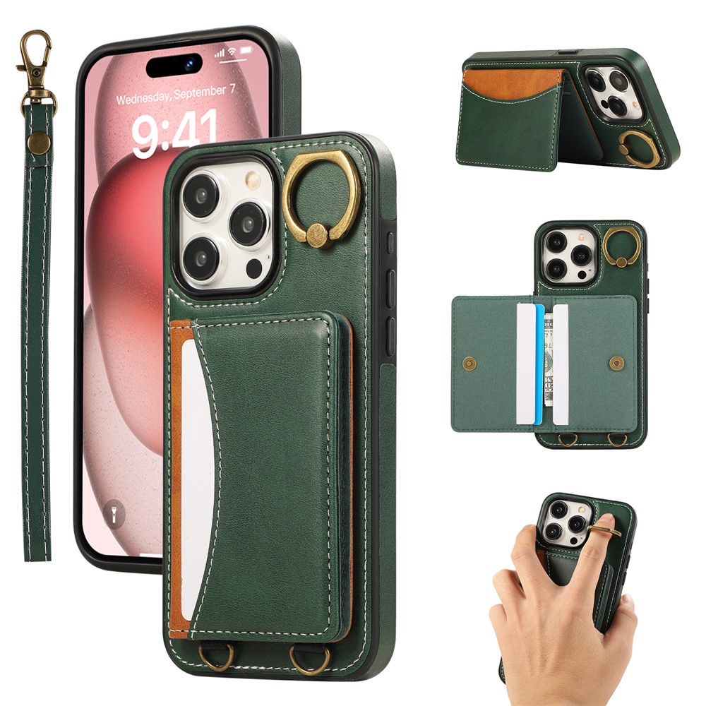 For iPhone 14 Pro Max PU Leather Back Case Card Holder Kickstand Phone Cover with Wrist Strap - Green