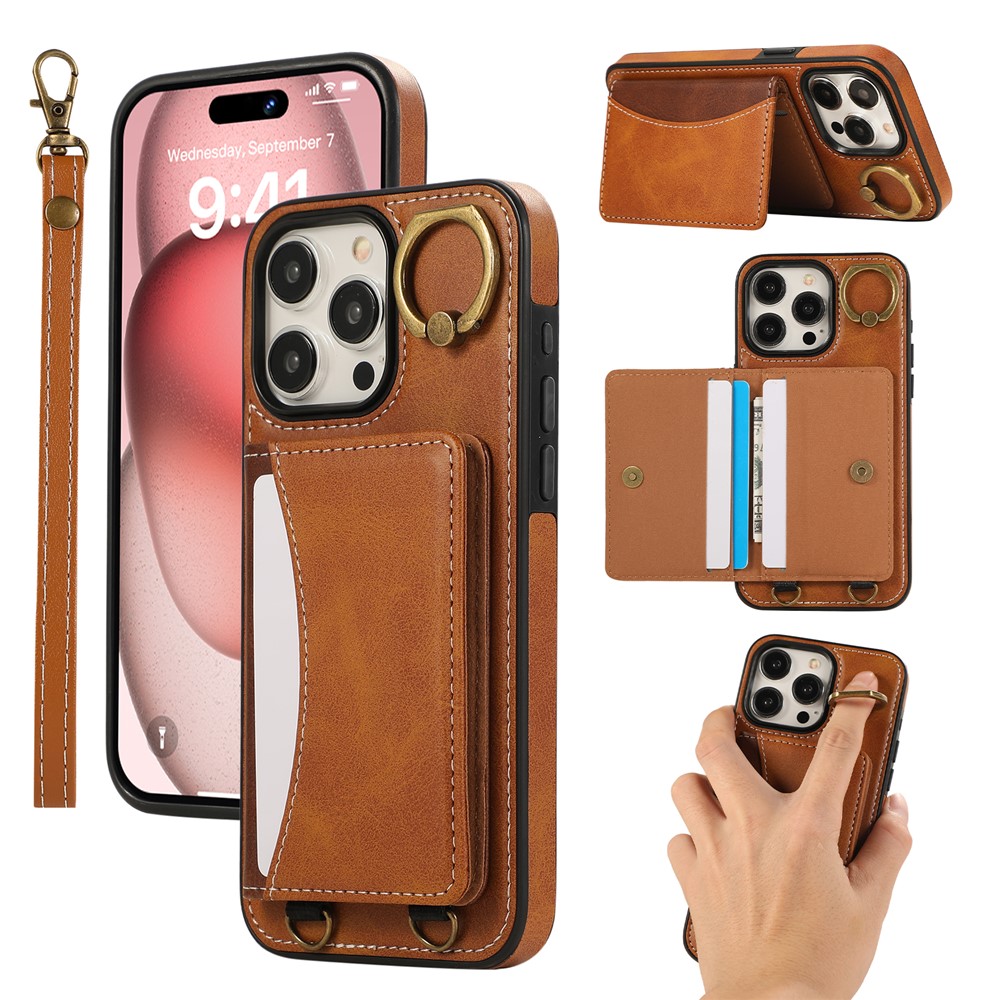 For iPhone 14 Pro Max PU Leather Back Case Card Holder Kickstand Phone Cover with Wrist Strap - Brown