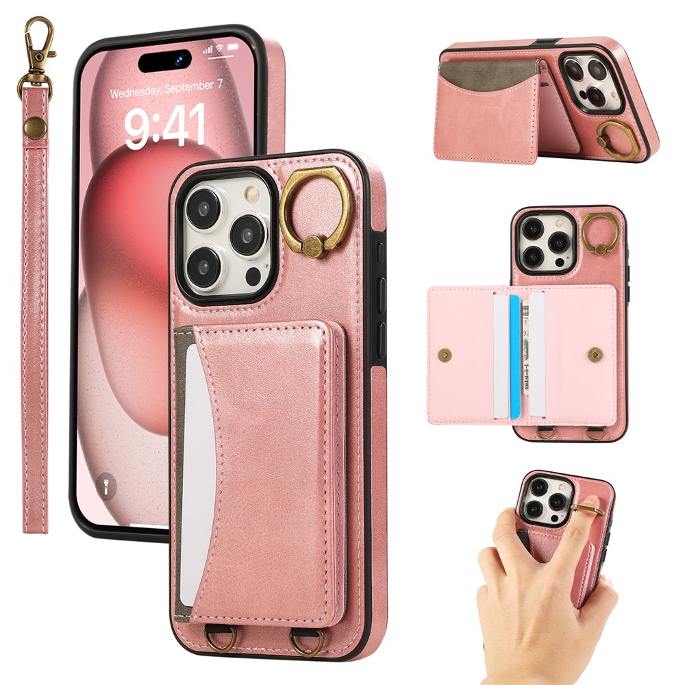For iPhone 14 Pro PU Leather Back Case Card Holder Kickstand Phone Cover with Wrist Strap - Pink