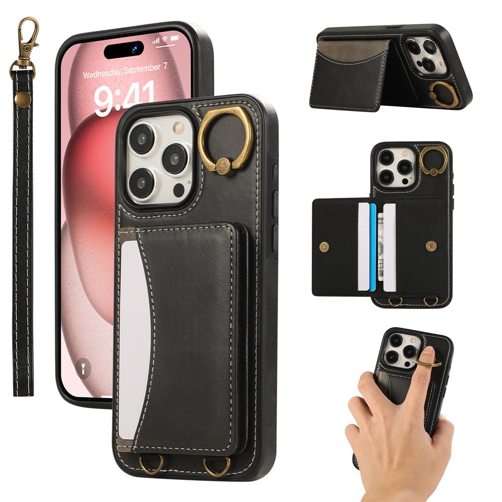 For iPhone 14 Pro PU Leather Back Case Card Holder Kickstand Phone Cover with Wrist Strap - Black