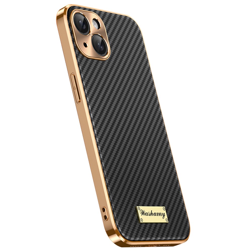 For iPhone 15 Case Carbon Fiber Texture Electroplating Cowhide Leather+TPU Phone Cover - Black