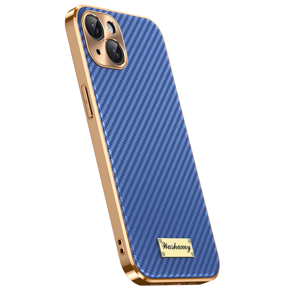 For iPhone 15 Case Carbon Fiber Texture Electroplating Cowhide Leather+TPU Phone Cover - Blue