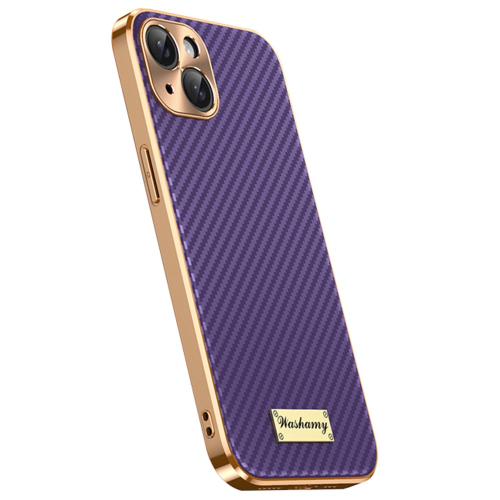 For iPhone 15 Case Carbon Fiber Texture Electroplating Cowhide Leather+TPU Phone Cover - Purple