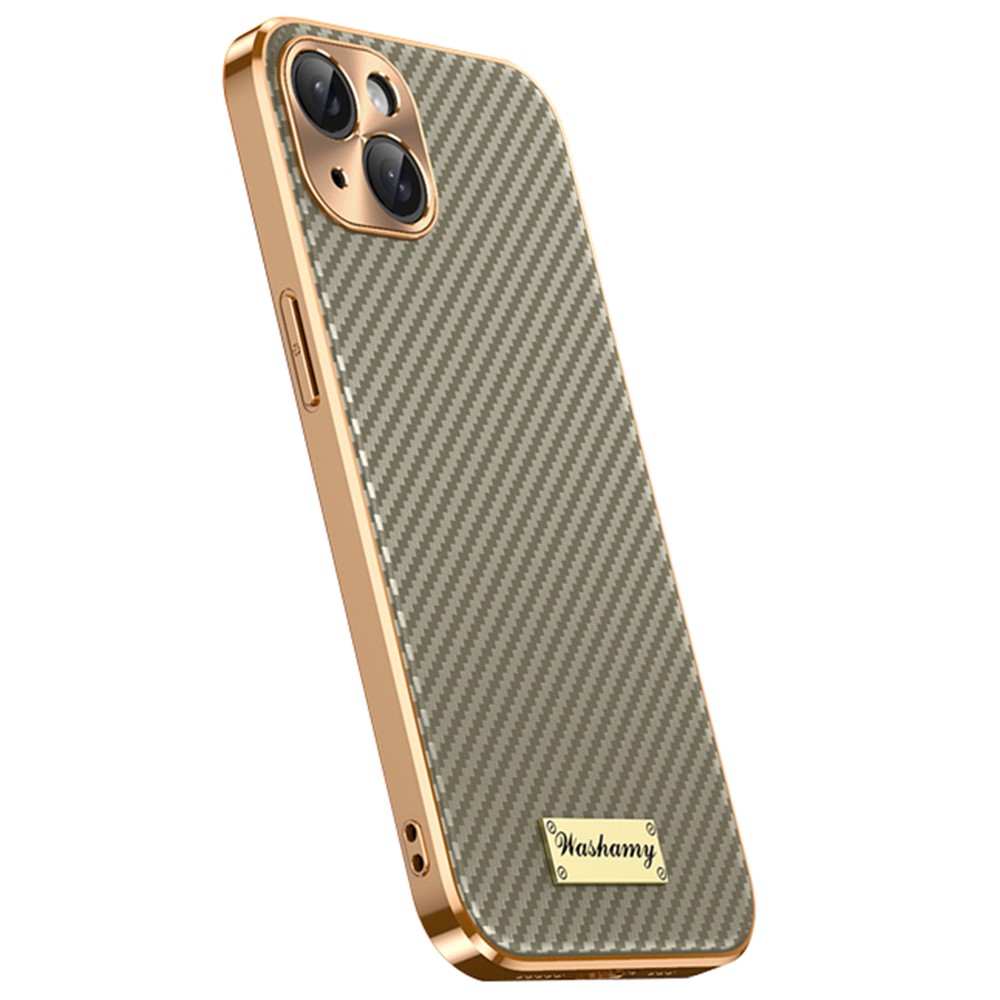 For iPhone 15 Case Carbon Fiber Texture Electroplating Cowhide Leather+TPU Phone Cover - Grey