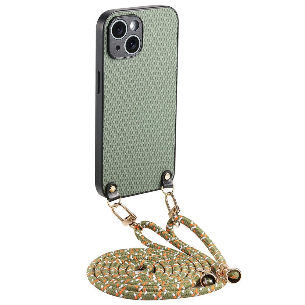 For iPhone 15 Case Carbon Fiber Texture Hybrid Phone Back Cover with Adjustable Strap - Green
