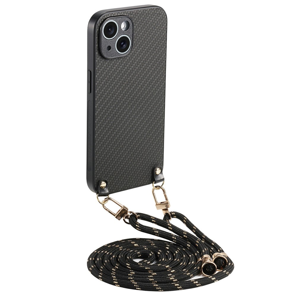 For iPhone 15 Case Carbon Fiber Texture Hybrid Phone Back Cover with Adjustable Strap - Black