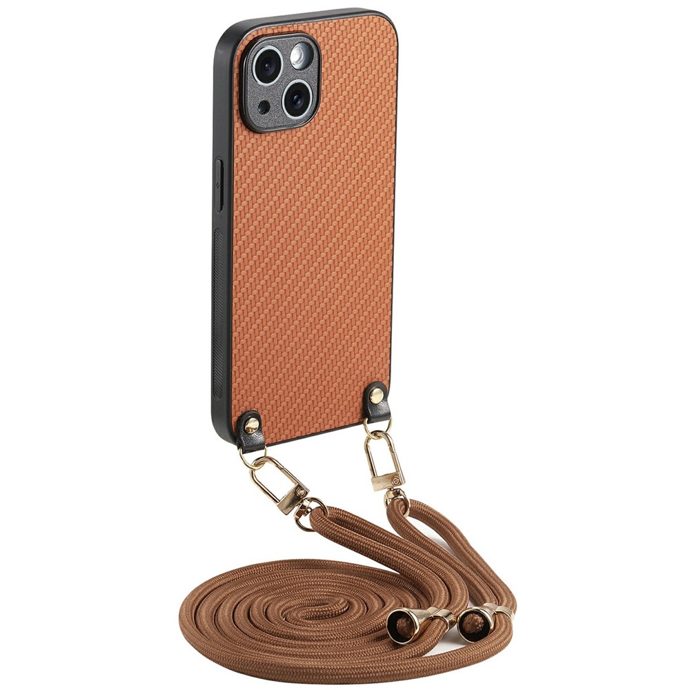 For iPhone 15 Case Carbon Fiber Texture Hybrid Phone Back Cover with Adjustable Strap - Brown