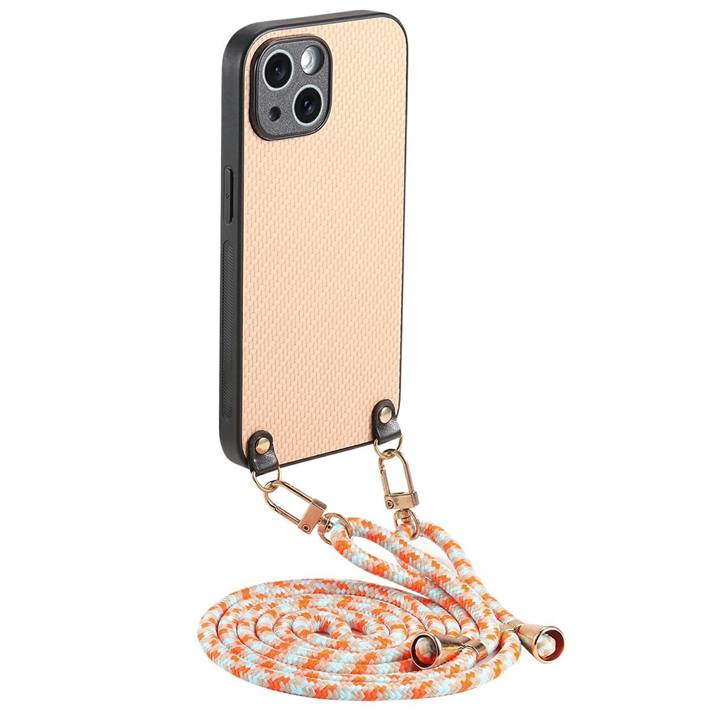 For iPhone 15 Case Carbon Fiber Texture Hybrid Phone Back Cover with Adjustable Strap - Khaki