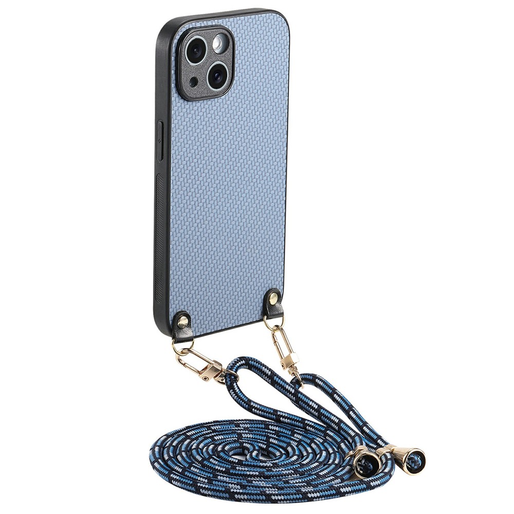 For iPhone 15 Case Carbon Fiber Texture Hybrid Phone Back Cover with Adjustable Strap - Blue