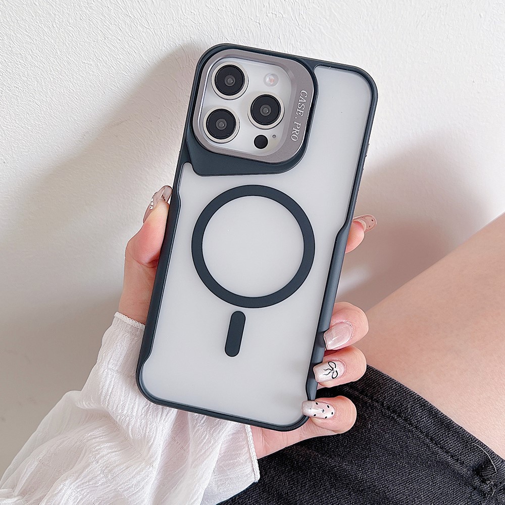 For iPhone 14 Pro Case Compatible with MagSafe Lens Frame Kickstand PC+TPU Phone Cover - Black