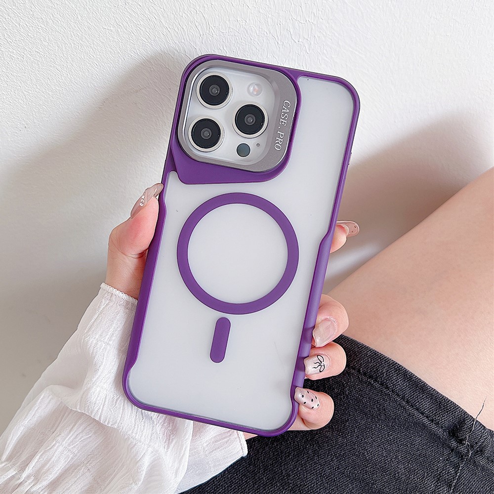 For iPhone 14 Pro Case Compatible with MagSafe Lens Frame Kickstand PC+TPU Phone Cover - Purple