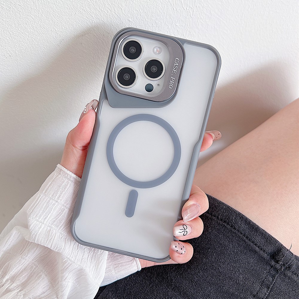 For iPhone 14 Pro Max Case Compatible with MagSafe Lens Frame Kickstand PC+TPU Phone Cover - Grey