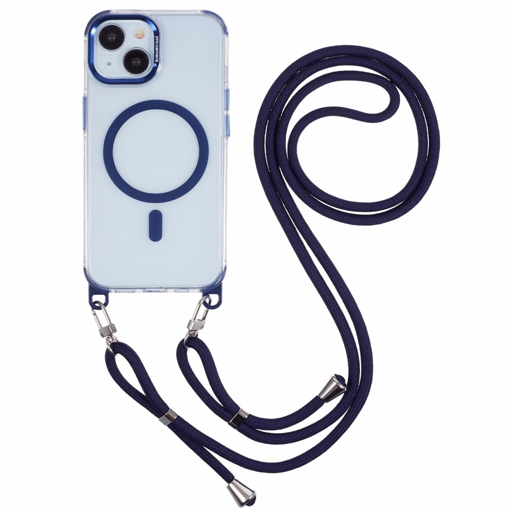 For iPhone 14 Clear Case Compatible with MagSafe Shockproof PC+TPU Phone Cover with Long Lanyard - Blue