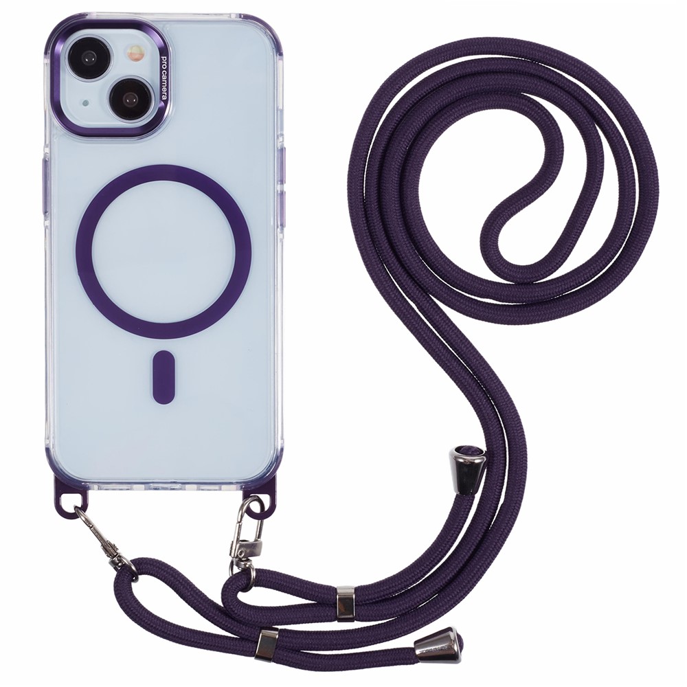 For iPhone 14 Clear Case Compatible with MagSafe Shockproof PC+TPU Phone Cover with Long Lanyard - Purple