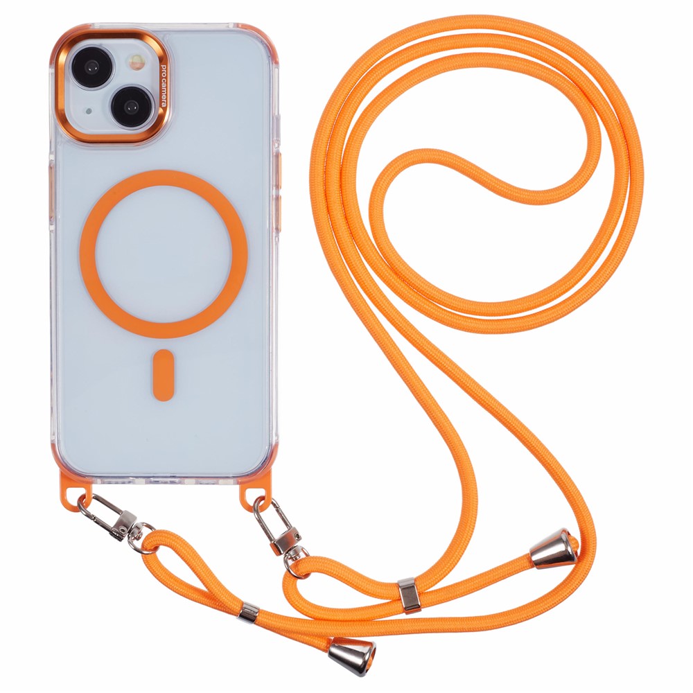 For iPhone 14 Clear Case Compatible with MagSafe Shockproof PC+TPU Phone Cover with Long Lanyard - Orange
