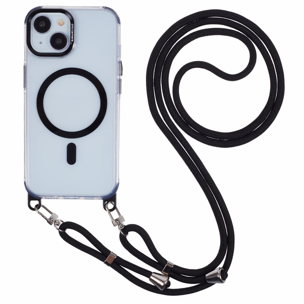 For iPhone 14 Clear Case Compatible with MagSafe Shockproof PC+TPU Phone Cover with Long Lanyard - Black