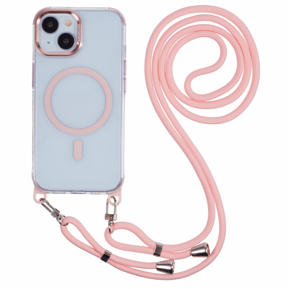 For iPhone 15 Clear Case Compatible with MagSafe Shockproof PC+TPU Phone Cover with Long Lanyard - Pink
