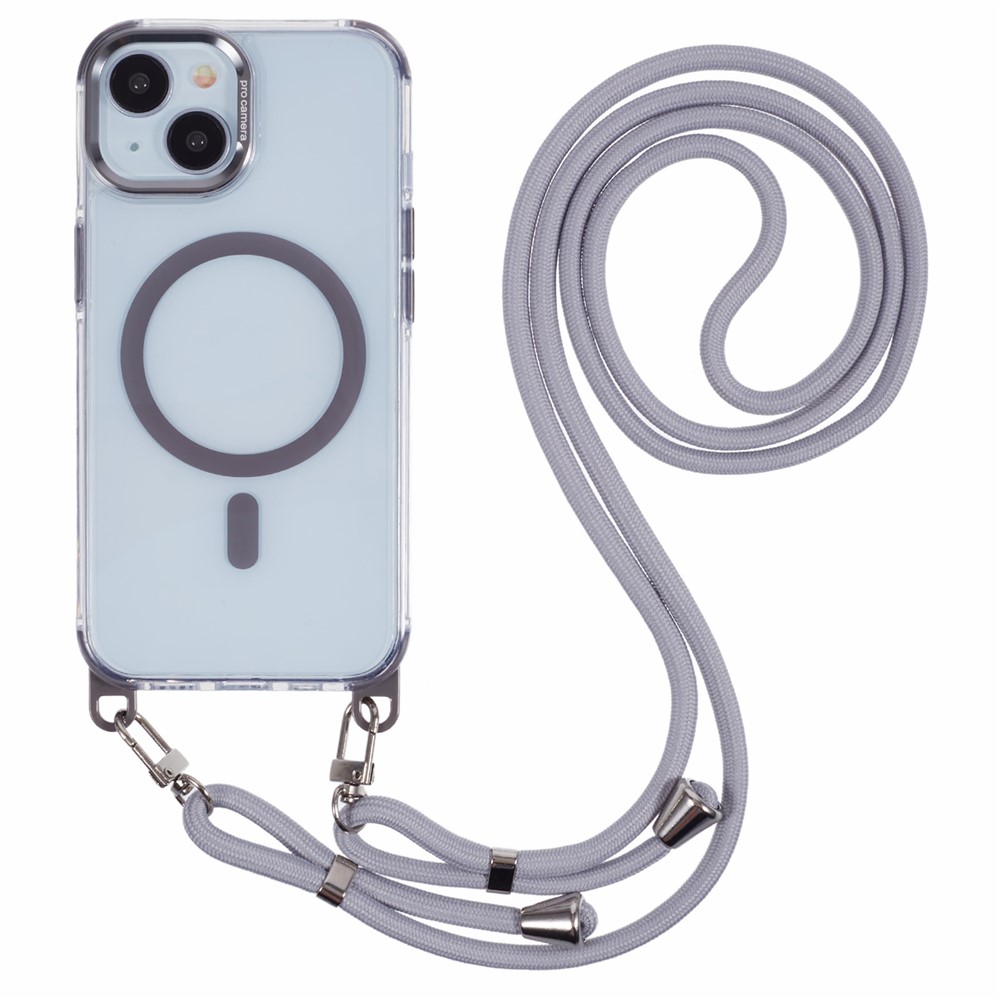 For iPhone 15 Clear Case Compatible with MagSafe Shockproof PC+TPU Phone Cover with Long Lanyard - Grey