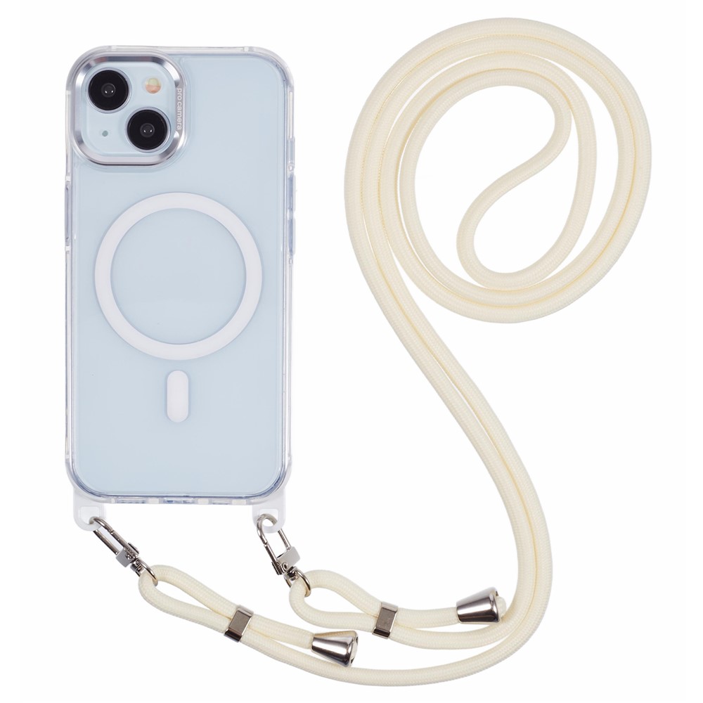 For iPhone 15 Clear Case Compatible with MagSafe Shockproof PC+TPU Phone Cover with Long Lanyard - White