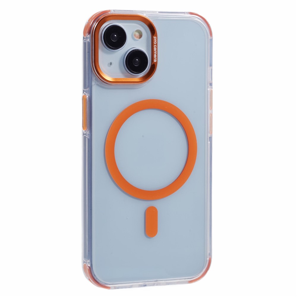 For iPhone 15 Clear Case Compatible with MagSafe Four Corners Anti-Drop PC+TPU Phone Cover - Orange