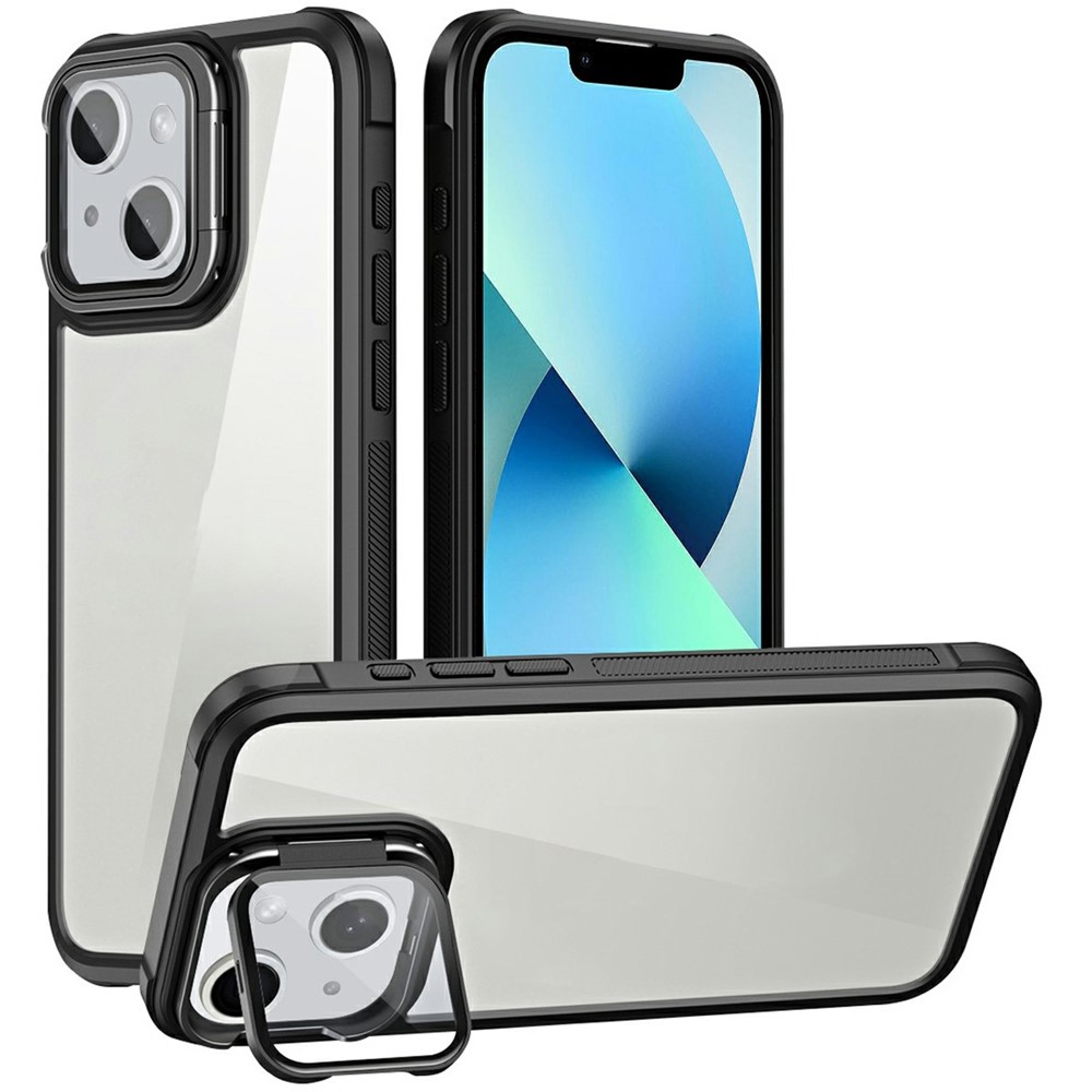For iPhone 13 Clear Phone Case with Lens Cover Kickstand PC+TPU Back Cover - Black