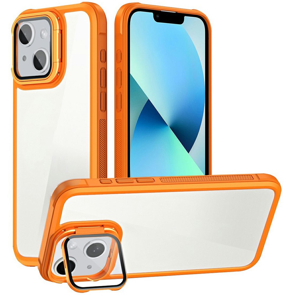 For iPhone 13 Clear Phone Case with Lens Cover Kickstand PC+TPU Back Cover - Orange