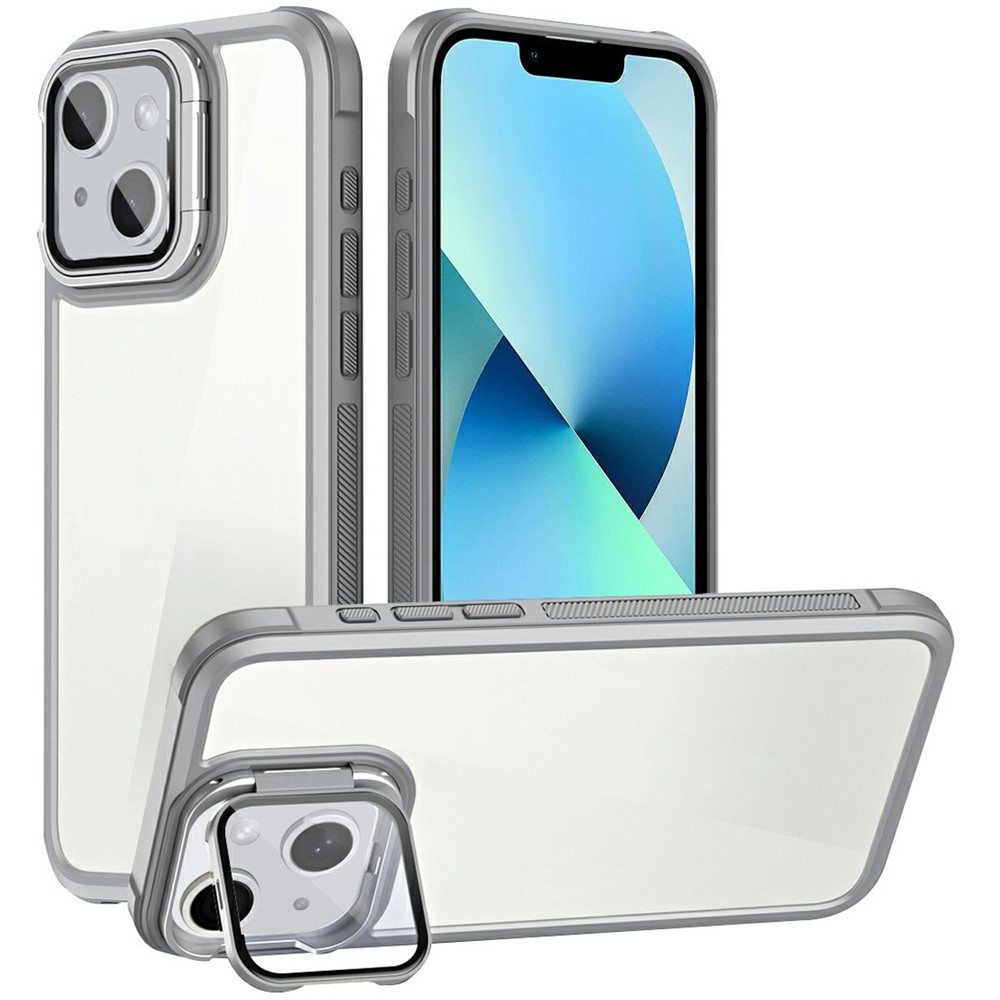 For iPhone 13 Clear Phone Case with Lens Cover Kickstand PC+TPU Back Cover - Grey