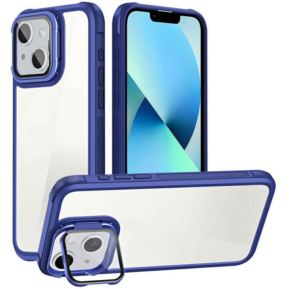 For iPhone 13 Clear Phone Case with Lens Cover Kickstand PC+TPU Back Cover - Blue