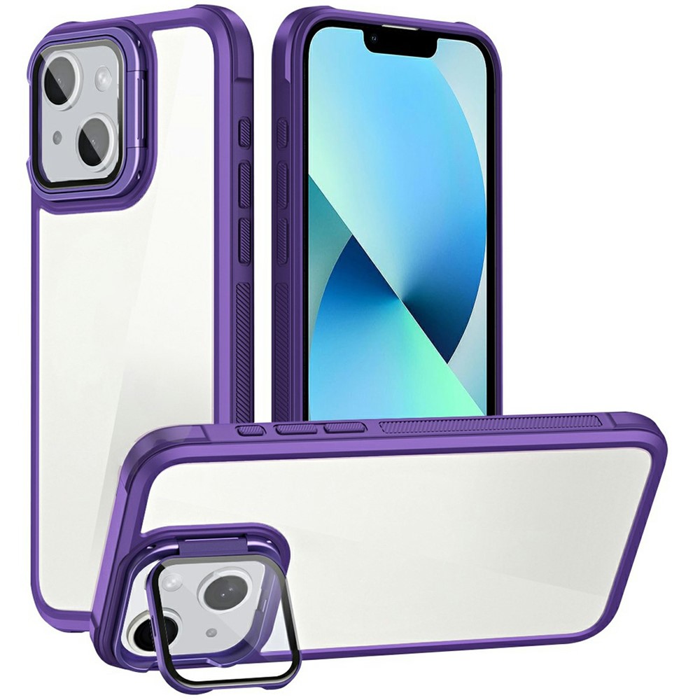 For iPhone 13 Clear Phone Case with Lens Cover Kickstand PC+TPU Back Cover - Purple