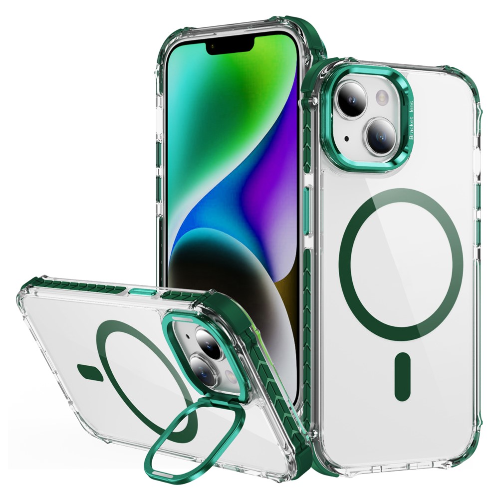 For iPhone 14 / 13 Clear Phone Case with Lens Kickstand Cover Compatible with MagSafe - Green
