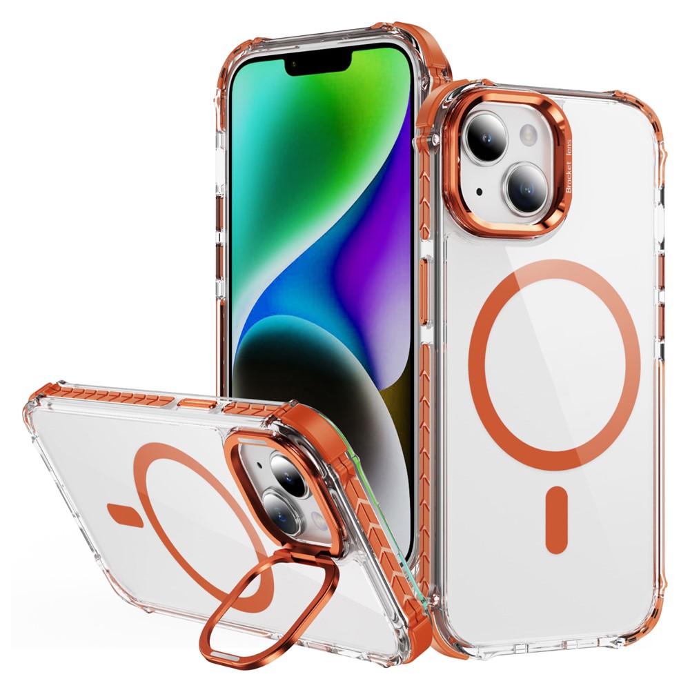 For iPhone 14 / 13 Clear Phone Case with Lens Kickstand Cover Compatible with MagSafe - Orange