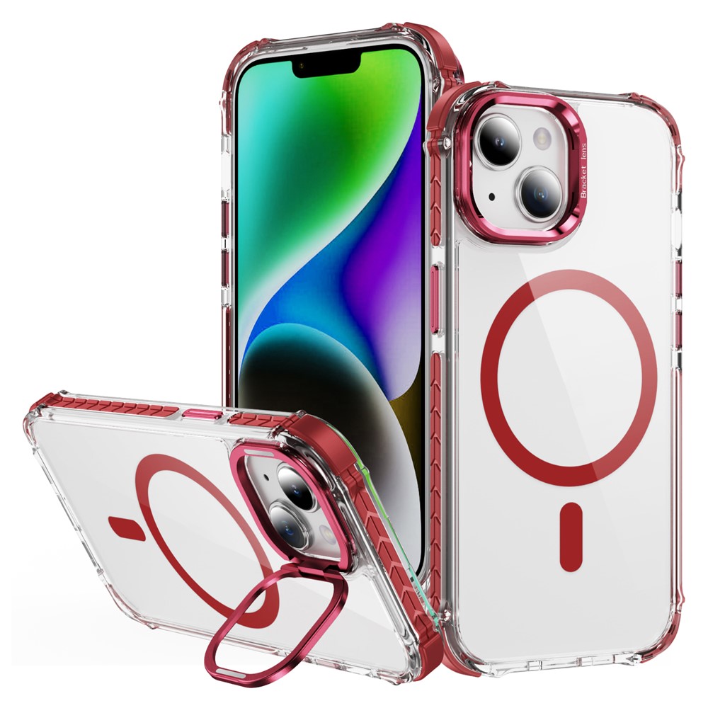 For iPhone 14 / 13 Clear Phone Case with Lens Kickstand Cover Compatible with MagSafe - Red