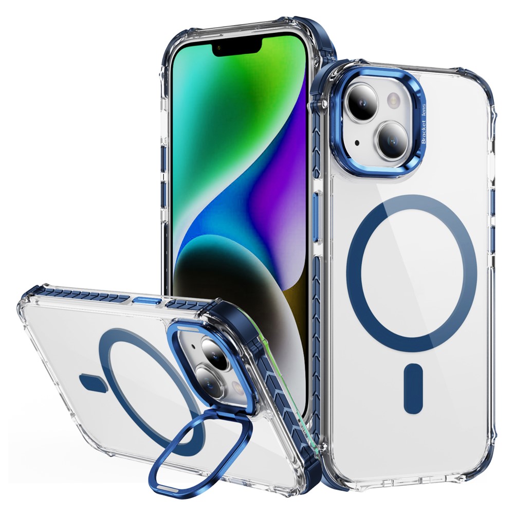 For iPhone 14 / 13 Clear Phone Case with Lens Kickstand Cover Compatible with MagSafe - Blue