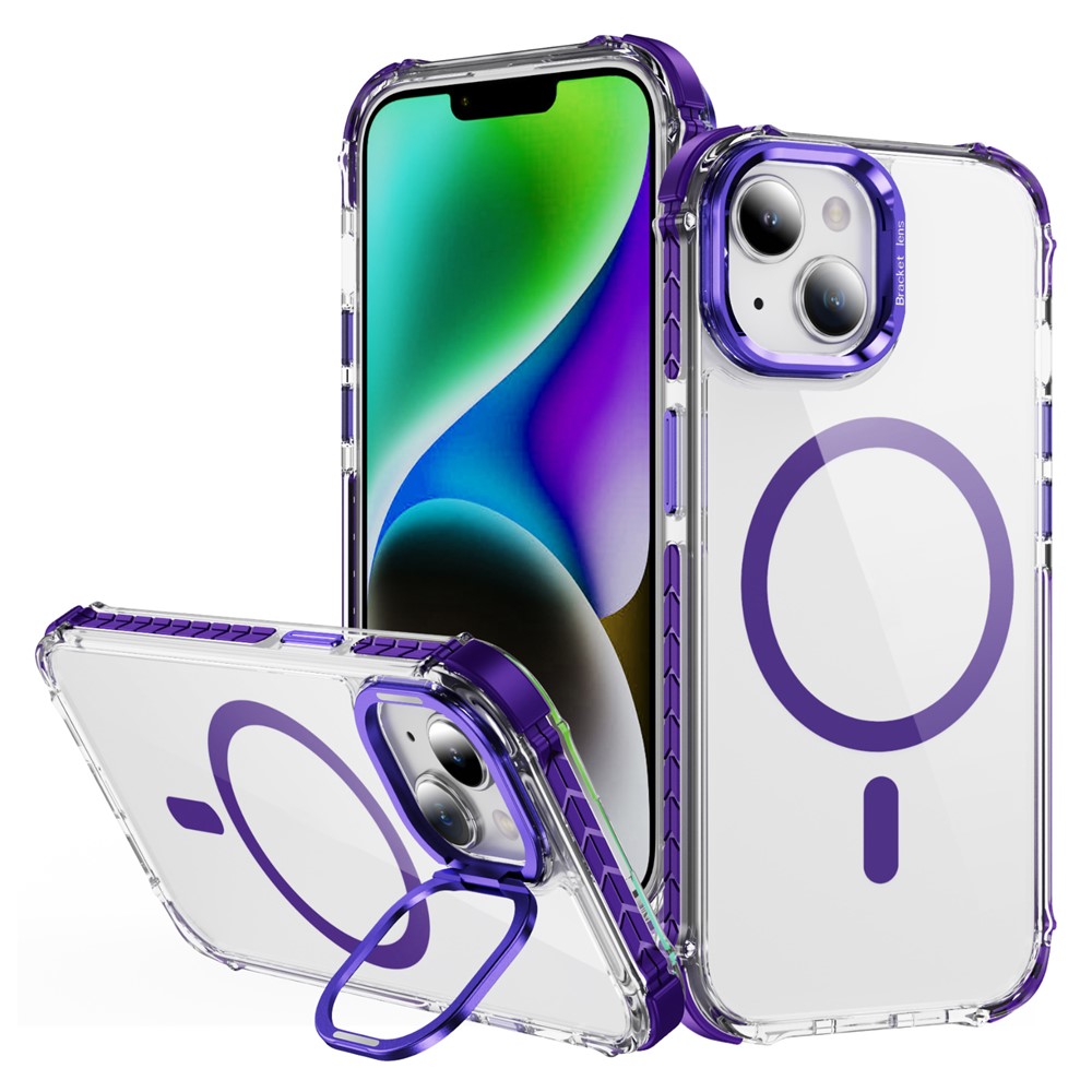 For iPhone 14 / 13 Clear Phone Case with Lens Kickstand Cover Compatible with MagSafe - Purple