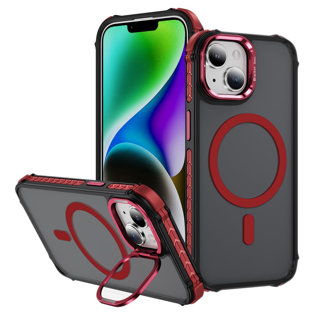 For iPhone 14 / 13 Case with Lens Kickstand Matte Back Cover Compatible with MagSafe - Red