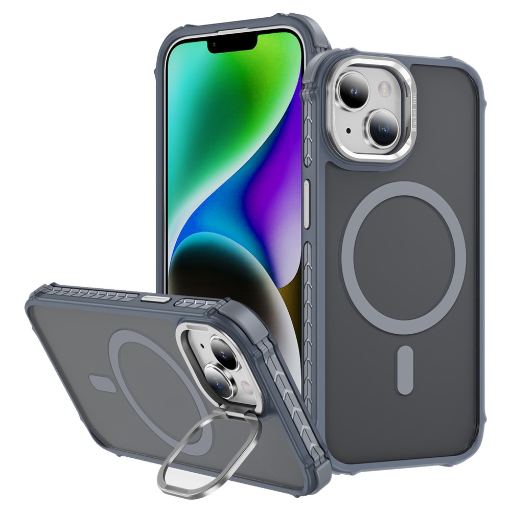 For iPhone 14 / 13 Case with Lens Kickstand Matte Back Cover Compatible with MagSafe - Grey