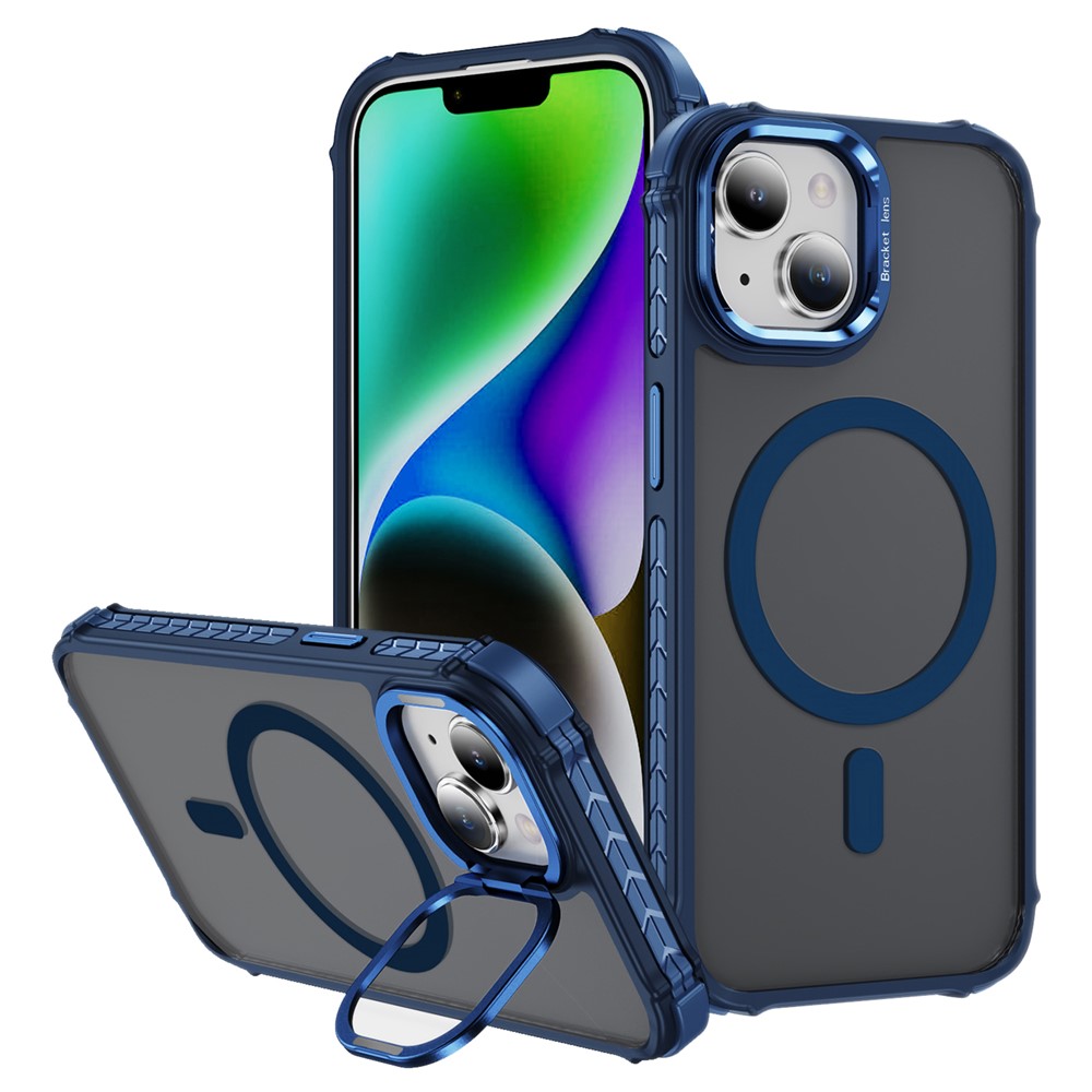 For iPhone 14 / 13 Case with Lens Kickstand Matte Back Cover Compatible with MagSafe - Blue