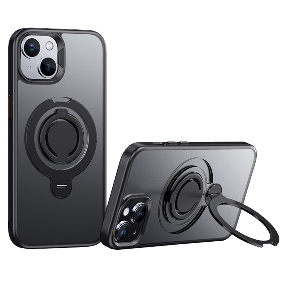 For iPhone 15 Case Compatible with MagSafe Kickstand Matte PC+TPU Phone Cover with Silicone Ring - Black