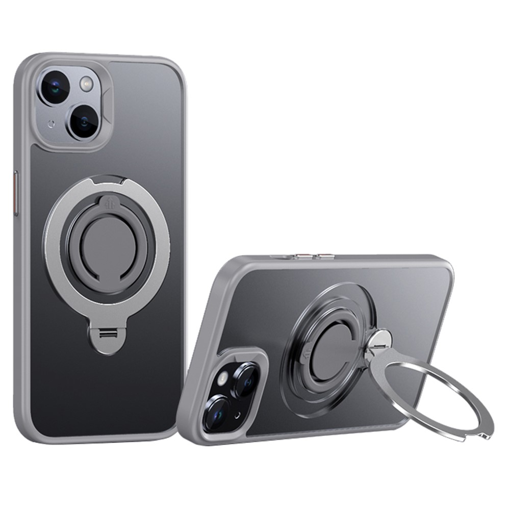 For iPhone 14 Case Compatible with MagSafe Kickstand Matte PC+TPU Phone Cover with Silicone Ring - Grey