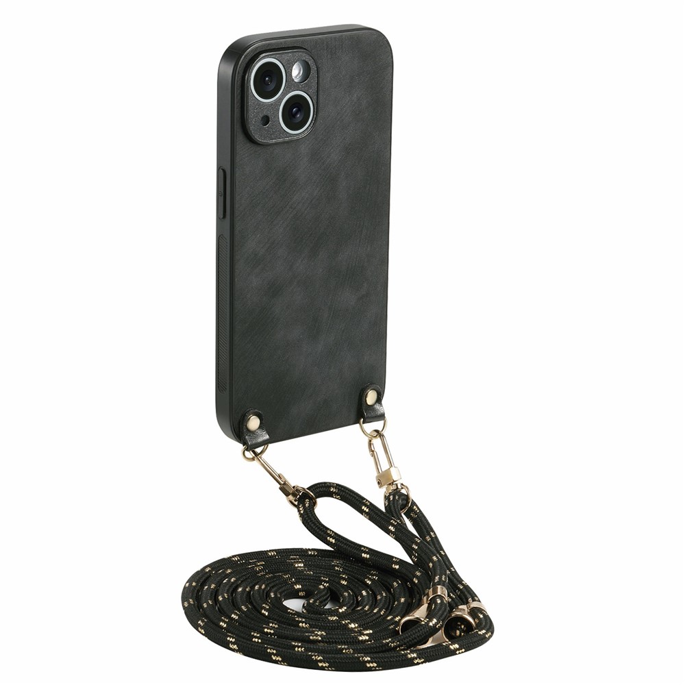 For iPhone 15 Case Retro Texture Leather Coated PC+TPU Phone Cover with Hanging Rope - Black