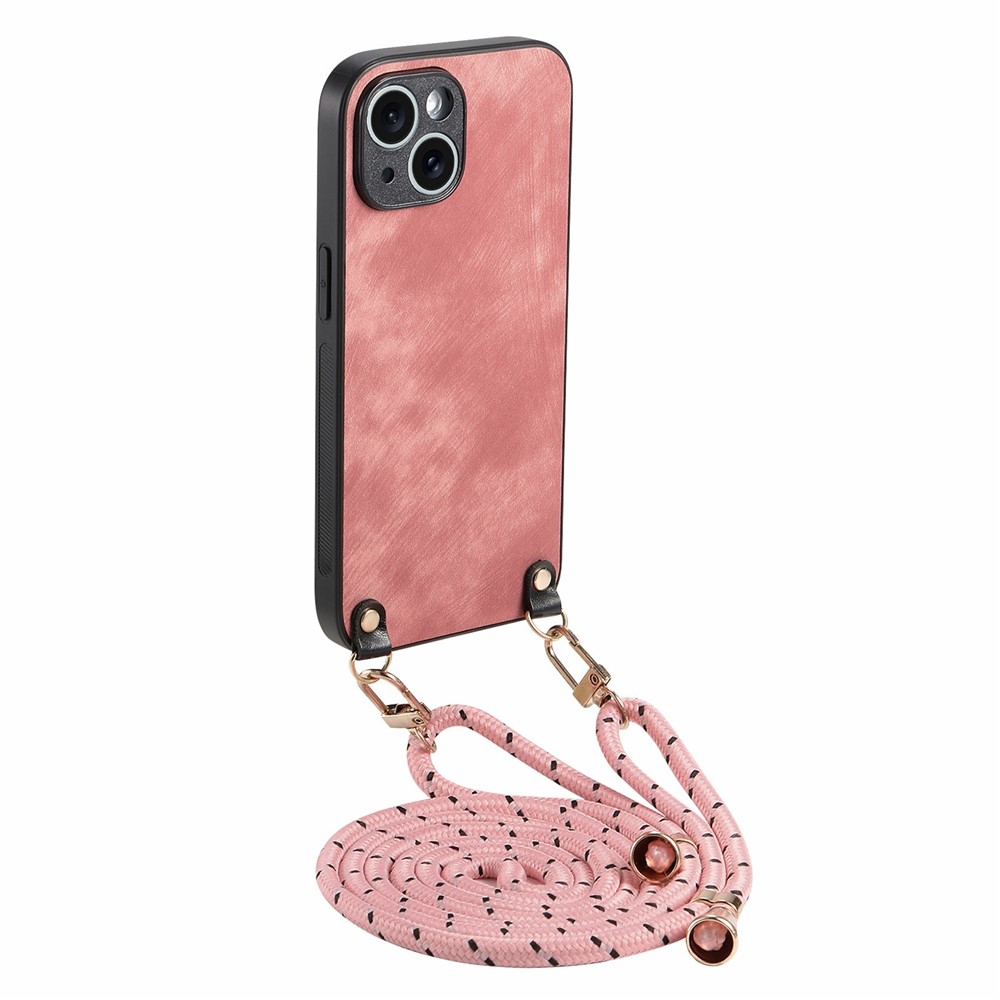For iPhone 15 Case Retro Texture Leather Coated PC+TPU Phone Cover with Hanging Rope - Pink