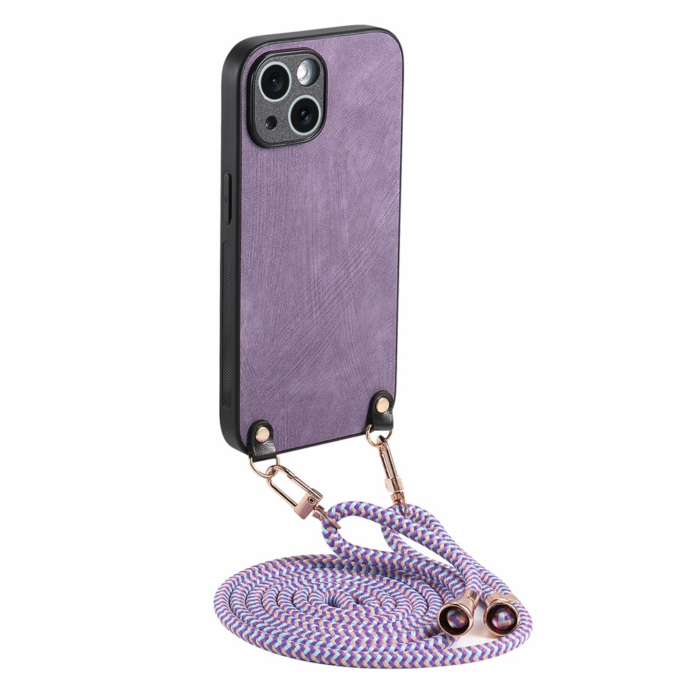 For iPhone 15 Case Retro Texture Leather Coated PC+TPU Phone Cover with Hanging Rope - Purple