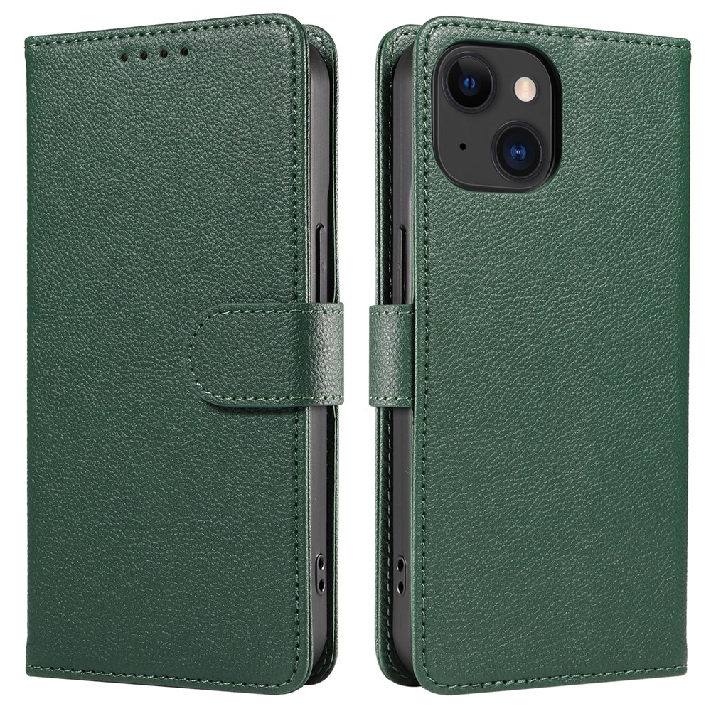 For iPhone 14 Leather Case Litchi Texture RFID Blocking Wallet Stand Phone Cover - Green
