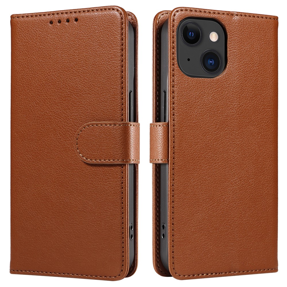 For iPhone 14 Leather Case Litchi Texture RFID Blocking Wallet Stand Phone Cover - Brown